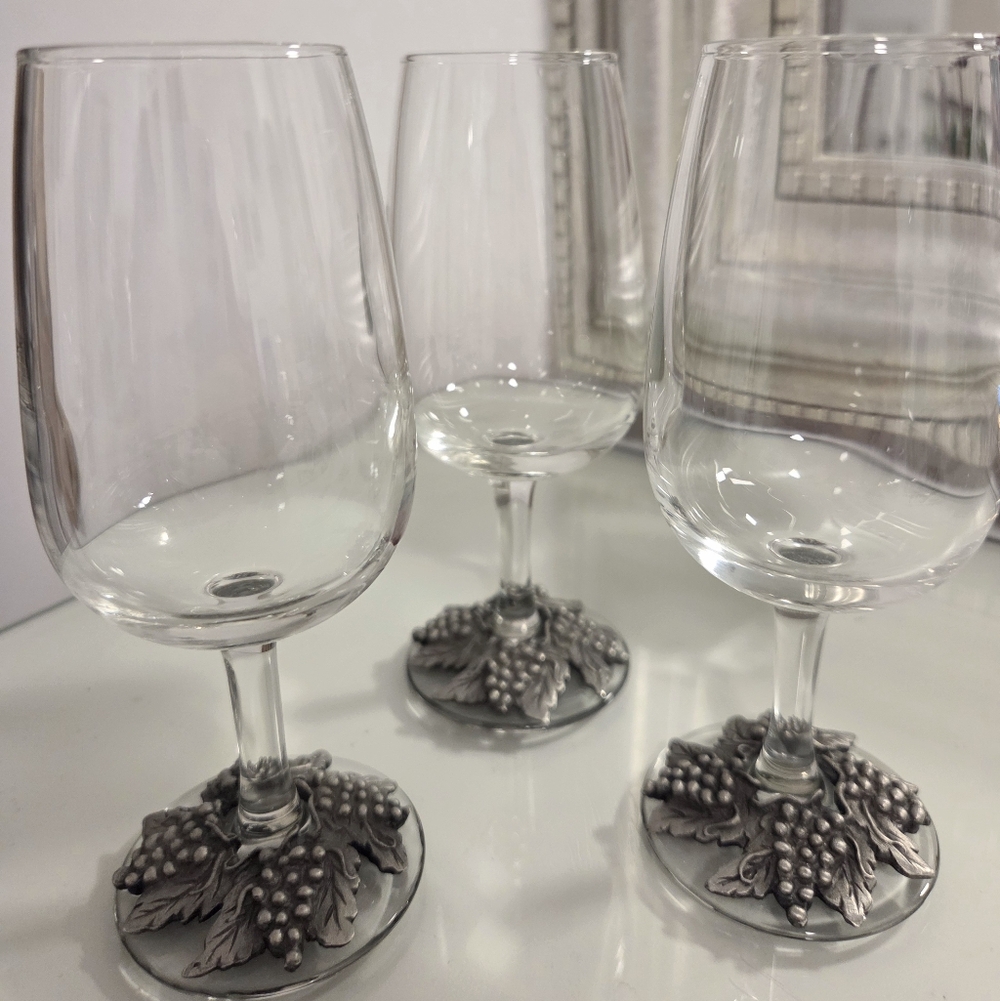 Set Of 3 Vintage Arc France Stemmed Pewter Wine Glasses